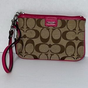 Coach Monogram Wristlet With Pink Leather Accent